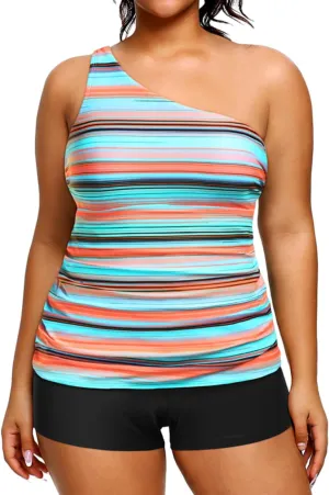 Women One Shoulder Plus Size Tankini with Shorts Two Piece Swimsuit Tummy Control Bathing Suit