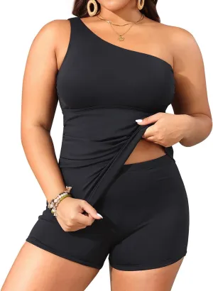 Women One Shoulder Plus Size Tankini with Shorts Two Piece Swimsuit Tummy Control Bathing Suit