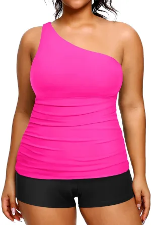 Women One Shoulder Plus Size Tankini with Shorts Two Piece Swimsuit Tummy Control Bathing Suit