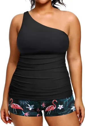 Women One Shoulder Plus Size Tankini with Shorts Two Piece Swimsuit Tummy Control Bathing Suit