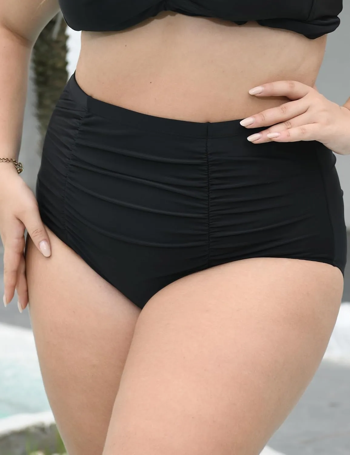 Women Plus Size Ruched High Waisted Black Bikini Bottoms Full Coverage Swimsuit Bottom Tummy Control Swim Bottoms