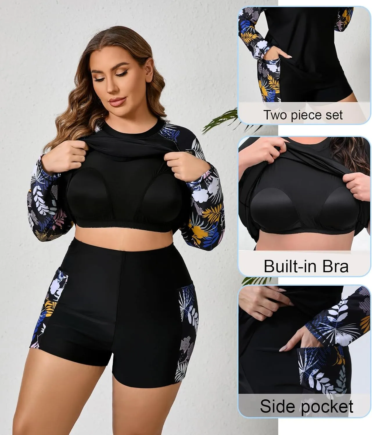 Women Plus Size Two Piece Long Sleeve Rash Guard Sets Built in Bra Swim Shirt Top and Shorts with Pockets UPF50 