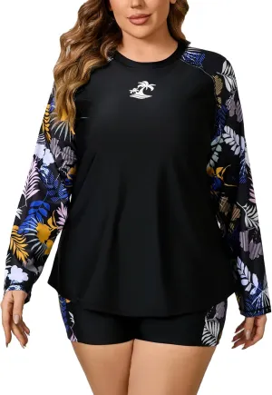 Women Plus Size Two Piece Long Sleeve Rash Guard Sets Built in Bra Swim Shirt Top and Shorts with Pockets UPF50 