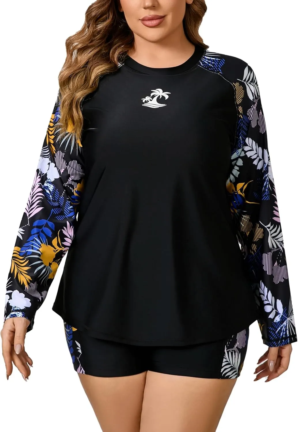 Women Plus Size Two Piece Long Sleeve Rash Guard Sets Built in Bra Swim Shirt Top and Shorts with Pockets UPF50 