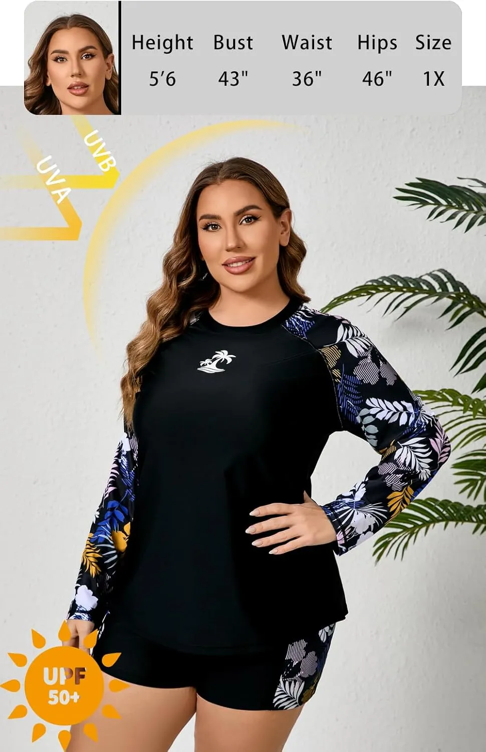 Women Plus Size Two Piece Long Sleeve Rash Guard Sets Built in Bra Swim Shirt Top and Shorts with Pockets UPF50 
