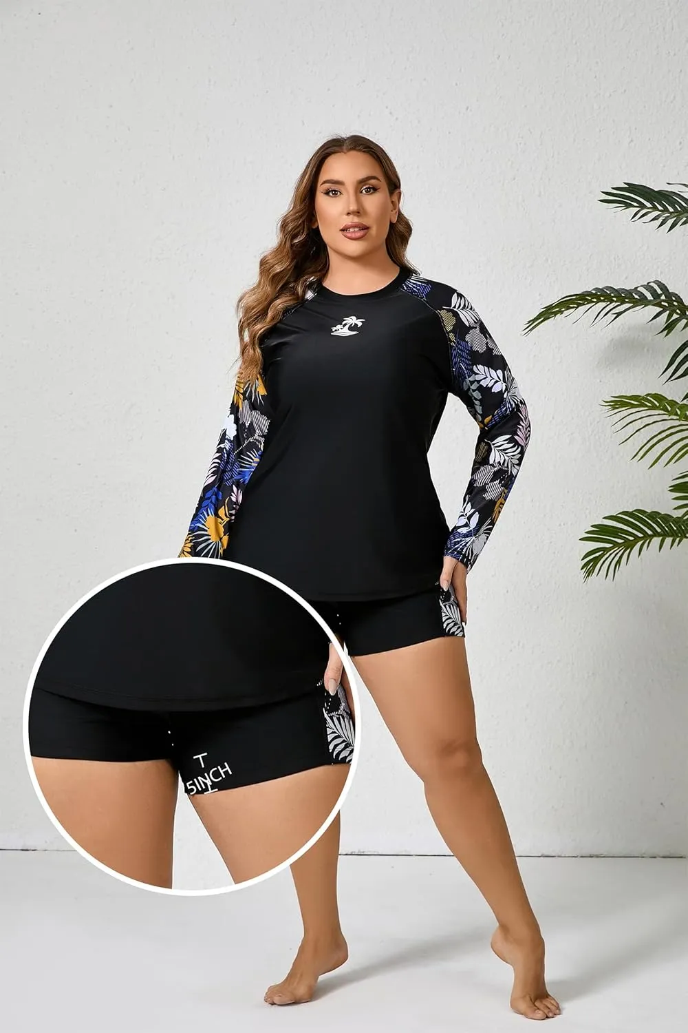Women Plus Size Two Piece Long Sleeve Rash Guard Sets Built in Bra Swim Shirt Top and Shorts with Pockets UPF50 