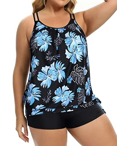 Women Plus Size Two Piece Tankini Swimsuit Boyleg Sporty Bathing Suits-Black Blue Floral