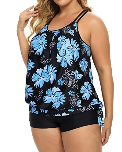 Women Plus Size Two Piece Tankini Swimsuit Boyleg Sporty Bathing Suits-Black Blue Floral