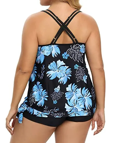 Women Plus Size Two Piece Tankini Swimsuit Boyleg Sporty Bathing Suits-Black Blue Floral