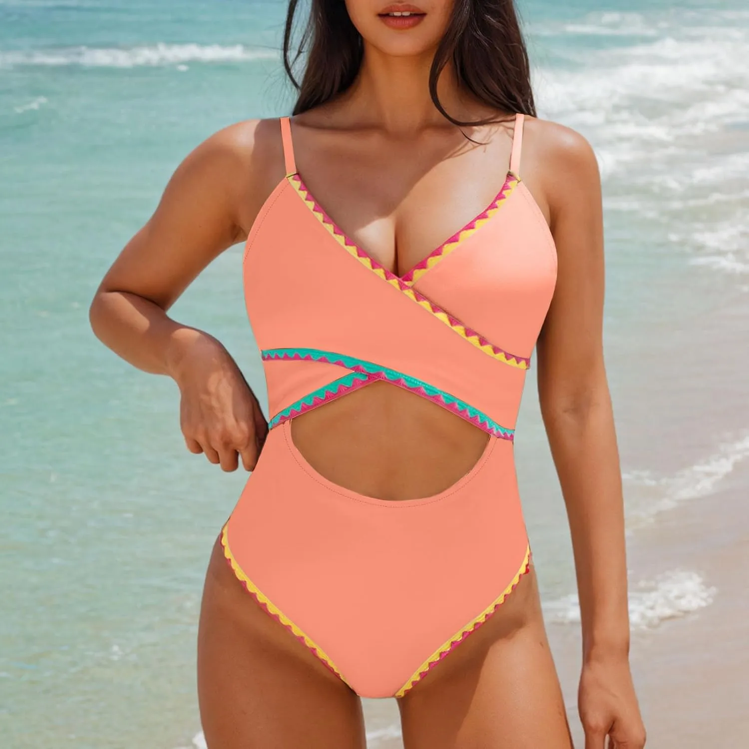Women Sexy Wrap Push Up One Piece Swimsuit Tummy Control Bathing Suit Cutout High Waisted Monokini Colorblock Swimwear