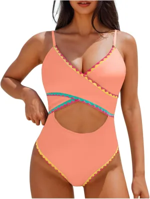 Women Sexy Wrap Push Up One Piece Swimsuit Tummy Control Bathing Suit Cutout High Waisted Monokini Colorblock Swimwear