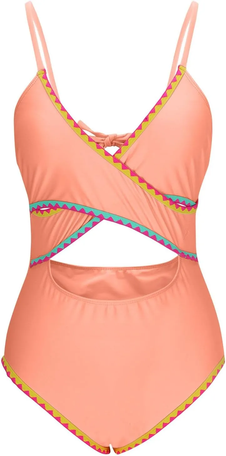 Women Sexy Wrap Push Up One Piece Swimsuit Tummy Control Bathing Suit Cutout High Waisted Monokini Colorblock Swimwear