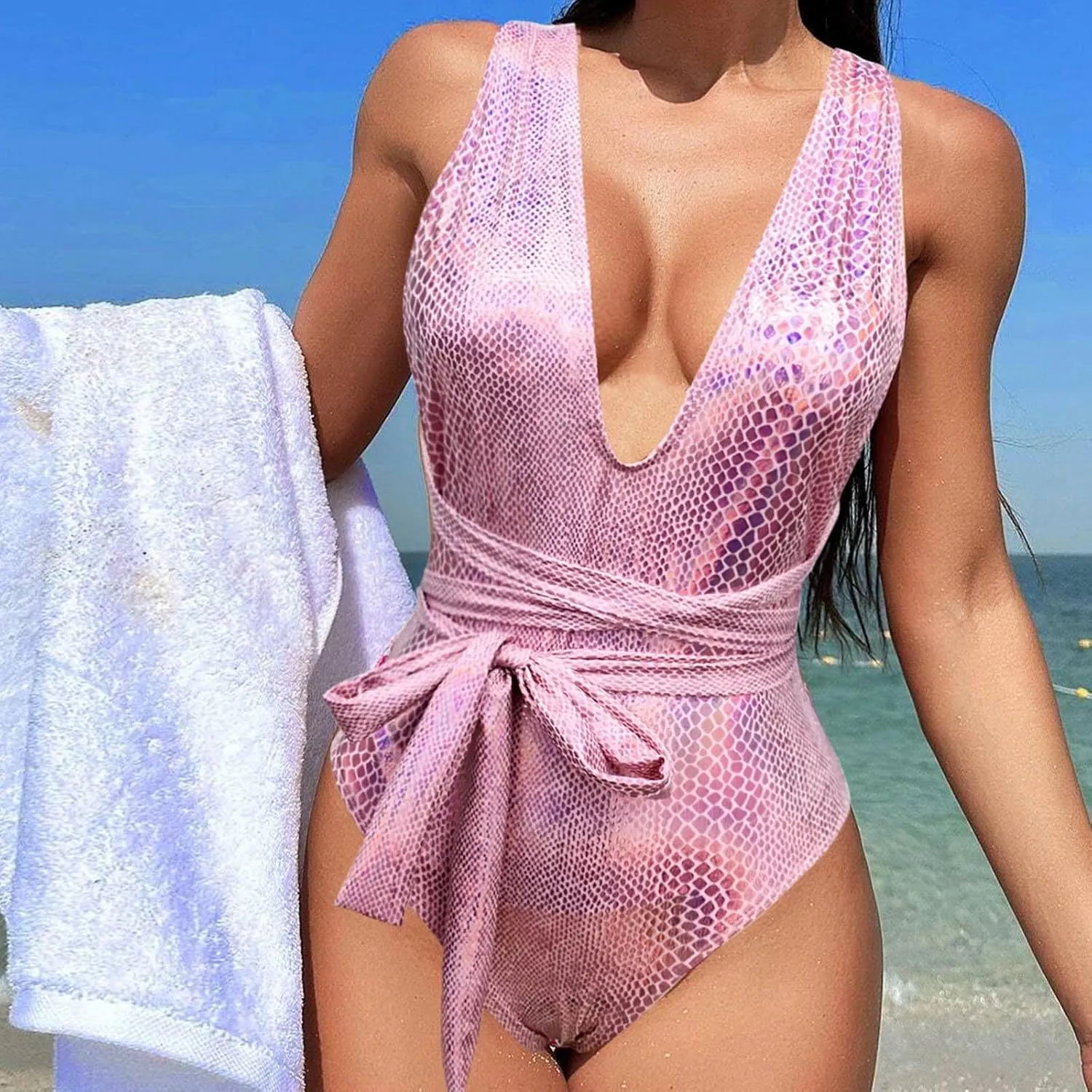 Women Shiny One Piece Swimsuit Tummy Control V Neck Bathing Suits Metallic Glitter Backless Summer Beach Swimwear