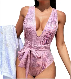 Women Shiny One Piece Swimsuit Tummy Control V Neck Bathing Suits Metallic Glitter Backless Summer Beach Swimwear