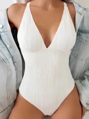Women Textured Ridges Circle-Back One-Piece Swimwear