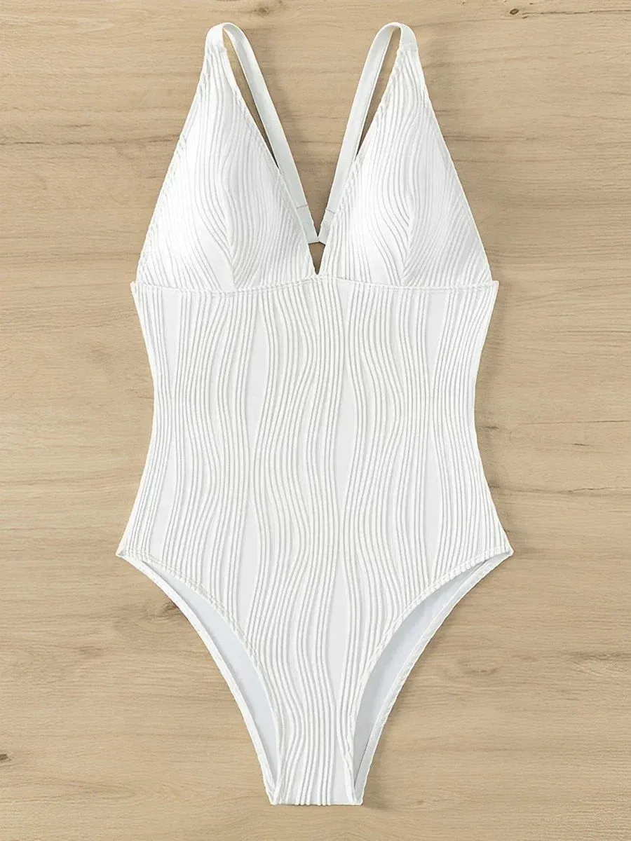 Women Textured Ridges Circle-Back One-Piece Swimwear