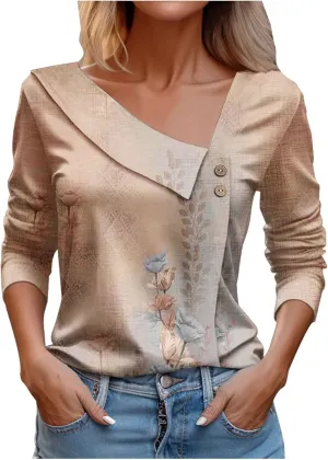 Women Tops Spring 2024 Long Sleeve V Neck Loose Shirts Plaid Print Asymmetric Button Blouses Business Casual Tunic