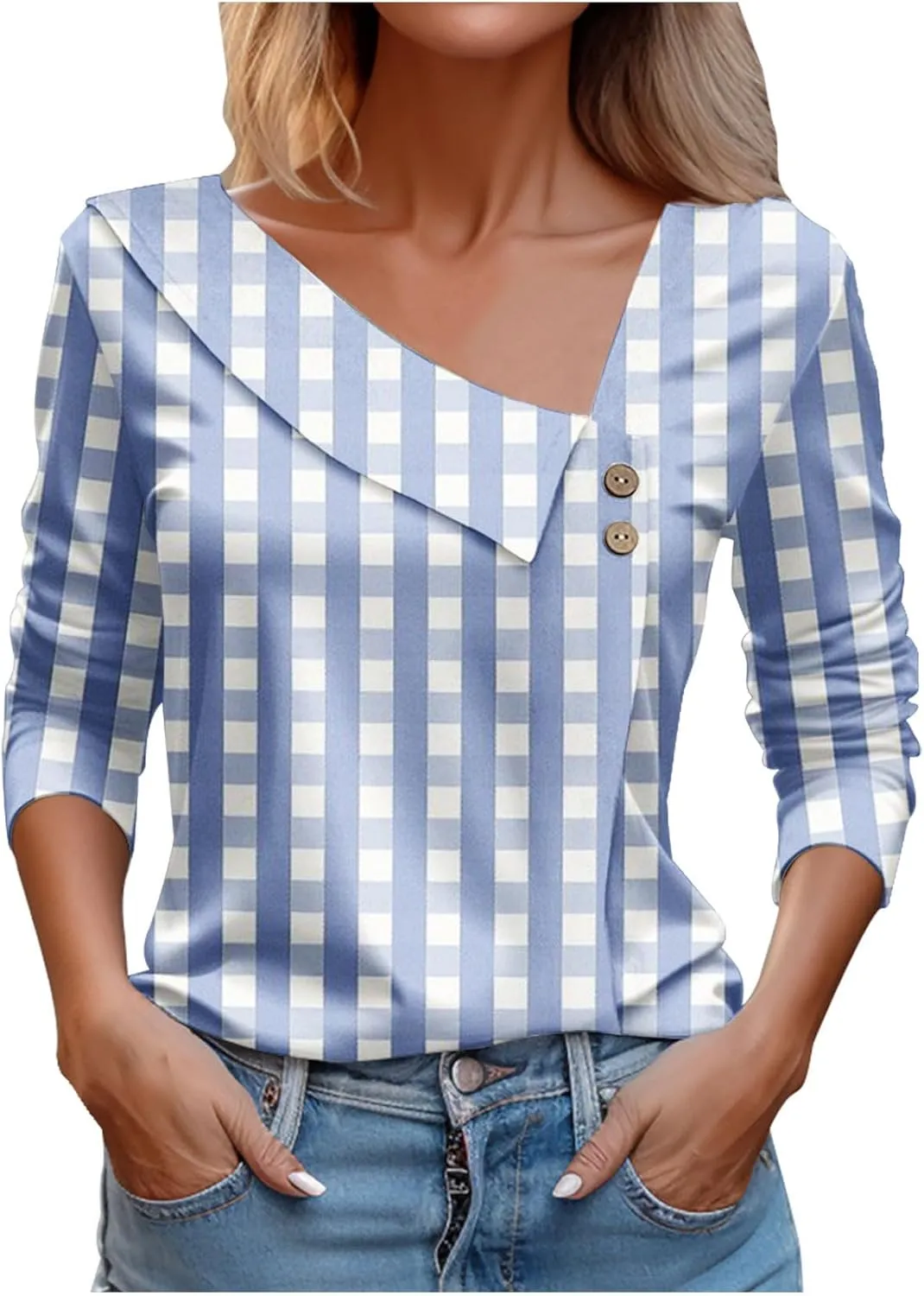Women Tops Spring 2024 Long Sleeve V Neck Loose Shirts Plaid Print Asymmetric Button Blouses Business Casual Tunic