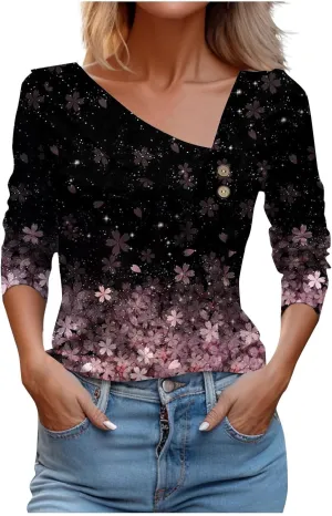 Women Tops Spring 2024 Long Sleeve V Neck Loose Shirts Plaid Print Asymmetric Button Blouses Business Casual Tunic
