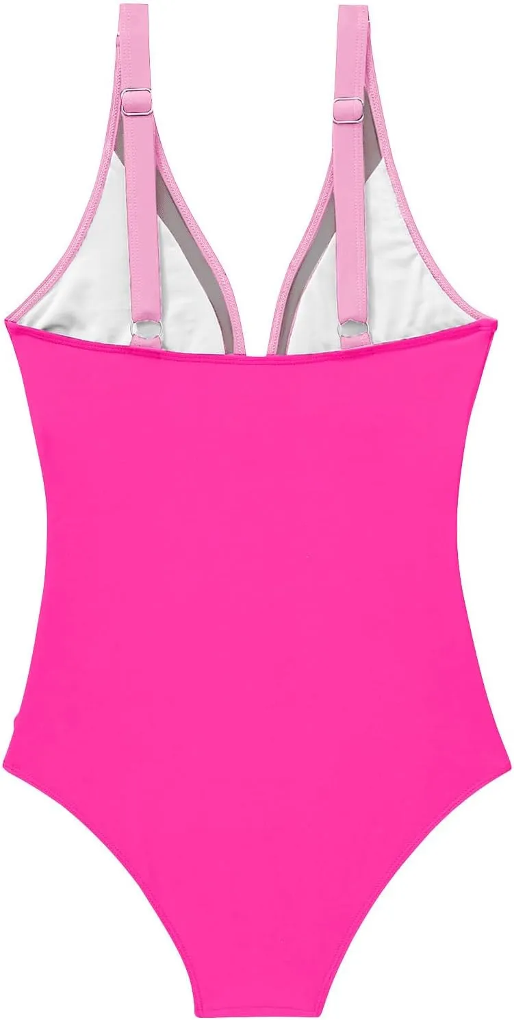 Women Tummy Control Swim Suits 2025 Summer One Piece High Waist Swimsuit Sexy Mesh Plunge V Neck Pushup Bathing Suits