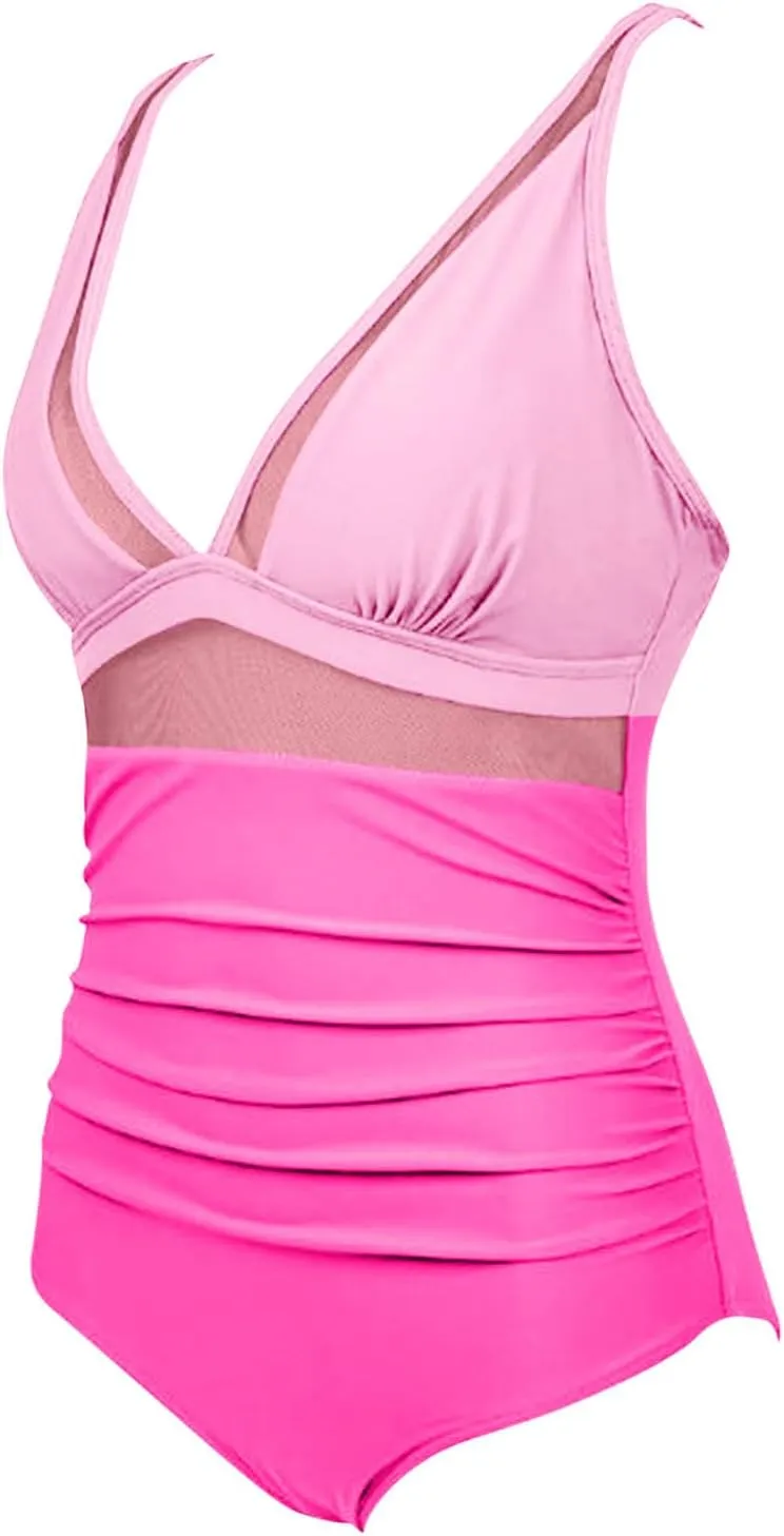 Women Tummy Control Swim Suits 2025 Summer One Piece High Waist Swimsuit Sexy Mesh Plunge V Neck Pushup Bathing Suits