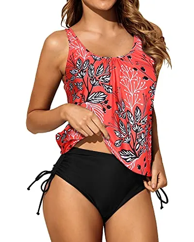 Women Tummy Control Two Piece Blouson Tankini Swimsuits-Red Floral