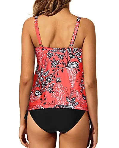 Women Tummy Control Two Piece Blouson Tankini Swimsuits-Red Floral