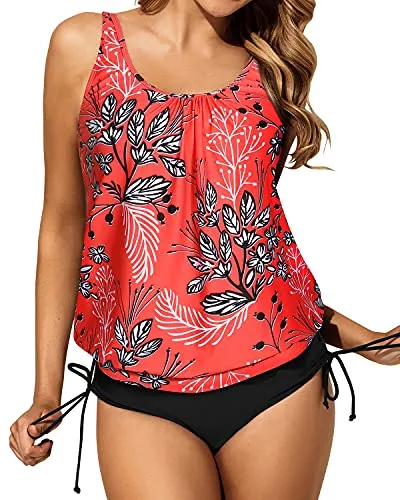 Women Tummy Control Two Piece Blouson Tankini Swimsuits-Red Floral
