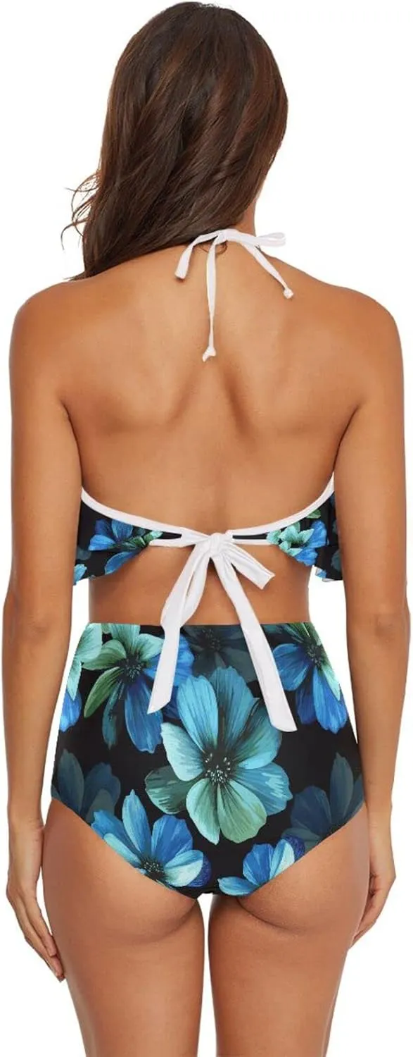 Women Two Piece Swimsuits Ruffle Flounce Halter High Waisted Bikini Bottom