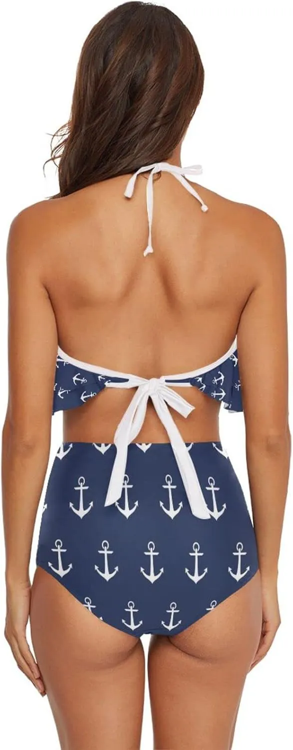 Women Two Piece Swimsuits Ruffle Flounce Halter High Waisted Bikini Bottom