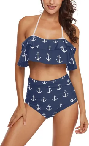 Women Two Piece Swimsuits Ruffle Flounce Halter High Waisted Bikini Bottom