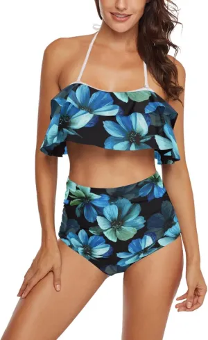 Women Two Piece Swimsuits Ruffle Flounce Halter High Waisted Bikini Bottom