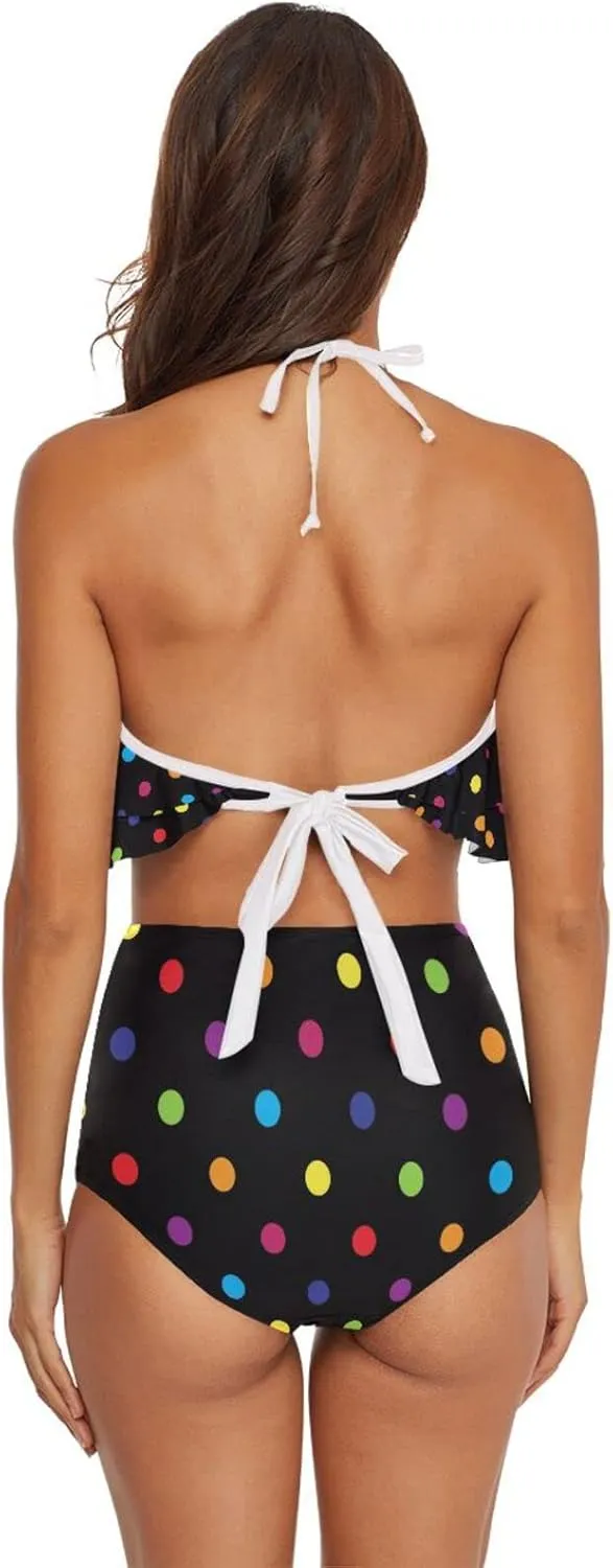 Women Two Piece Swimsuits Ruffle Flounce Halter High Waisted Bikini Bottom