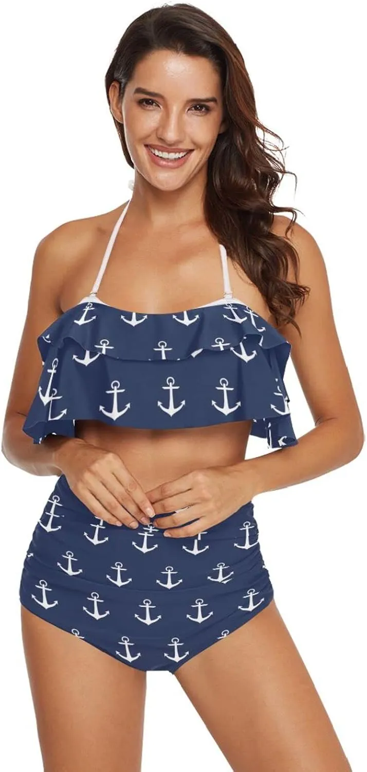 Women Two Piece Swimsuits Ruffle Flounce Halter High Waisted Bikini Bottom