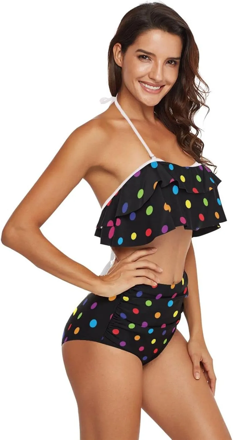 Women Two Piece Swimsuits Ruffle Flounce Halter High Waisted Bikini Bottom