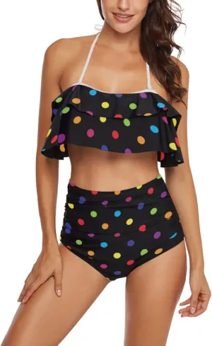 Women Two Piece Swimsuits Ruffle Flounce Halter High Waisted Bikini Bottom