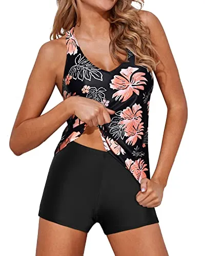 Women's 2 Piece Flowy Racerback Tankini With Shorts For Tummy Control-Black Orange Floral