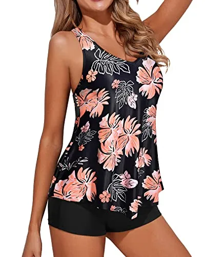 Women's 2 Piece Flowy Racerback Tankini With Shorts For Tummy Control-Black Orange Floral