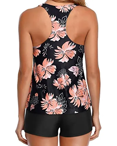 Women's 2 Piece Flowy Racerback Tankini With Shorts For Tummy Control-Black Orange Floral