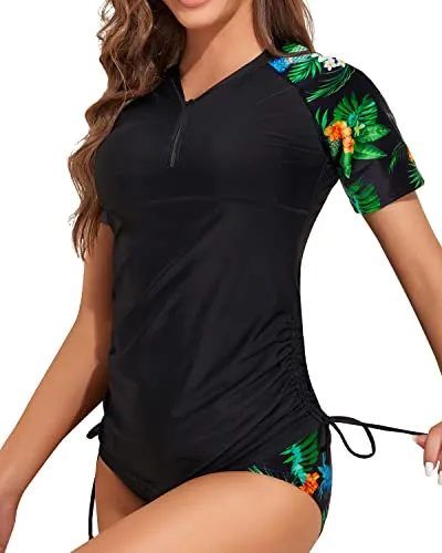Women's 2 Piece Short Sleeve Rash Guard With Built In Bra-Black Pineapple