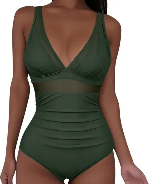 Womens 2025 Trendy Swimsuit Retro V Neck Tummy Control Bathing Suits Ruched Modest Full Coverage Mesh Swimwear