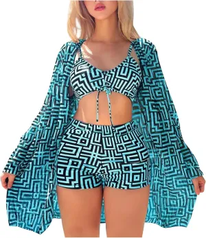 Womens 3 Pieces Bikini Set Swimsuit Tropical Beach Cover up Kimono Swimwear Bathing Suit Tankini Top with Boy Shorts