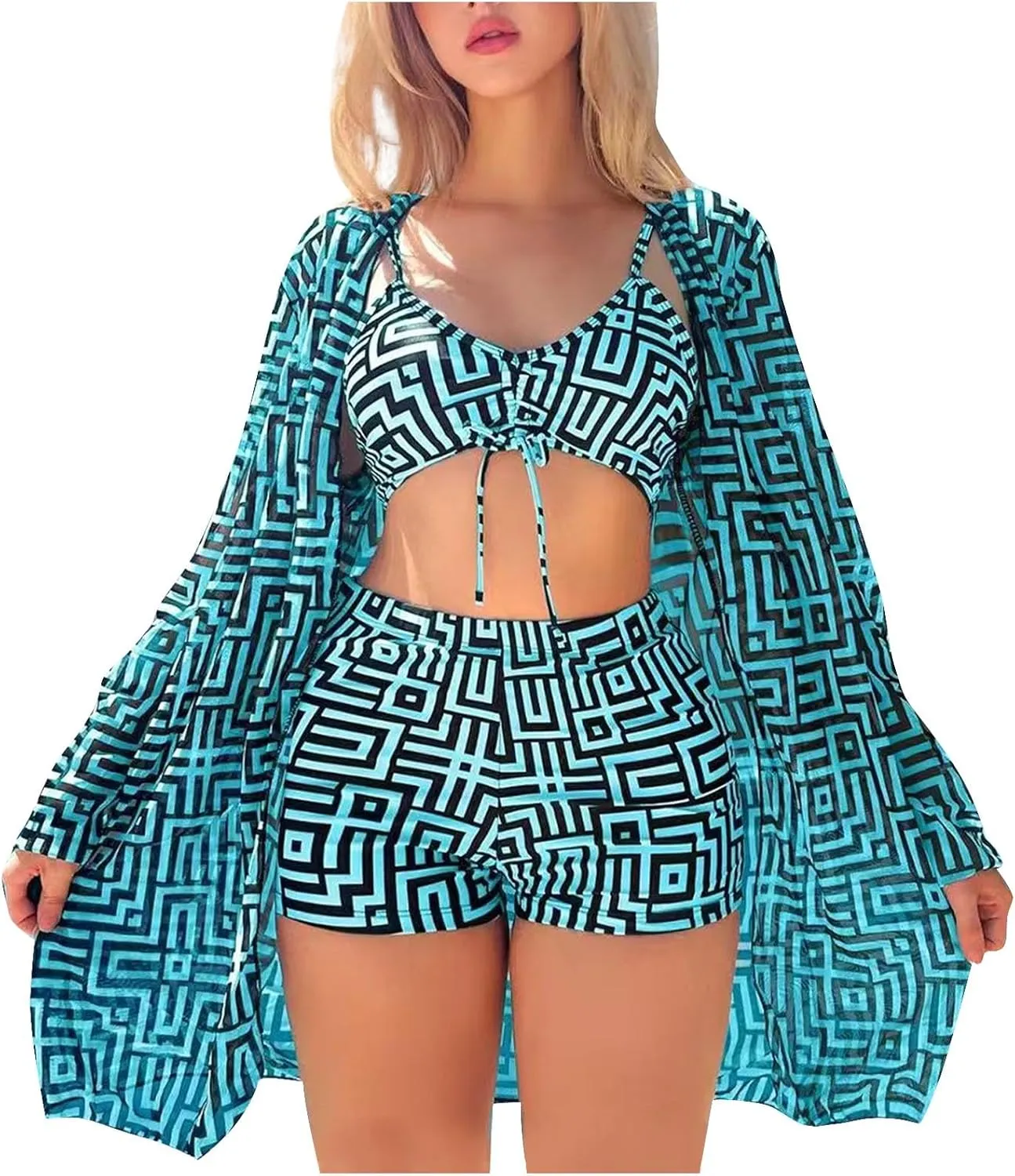 Womens 3 Pieces Bikini Set Swimsuit Tropical Beach Cover up Kimono Swimwear Bathing Suit Tankini Top with Boy Shorts