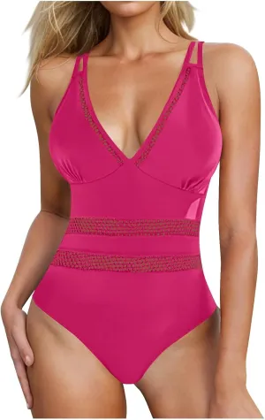Womens Bathing Suit Sexy V Neck One Piece Swimsuit 2025 Tummy Control Push Up Slimming Swimwear Hollow Out Beachwear