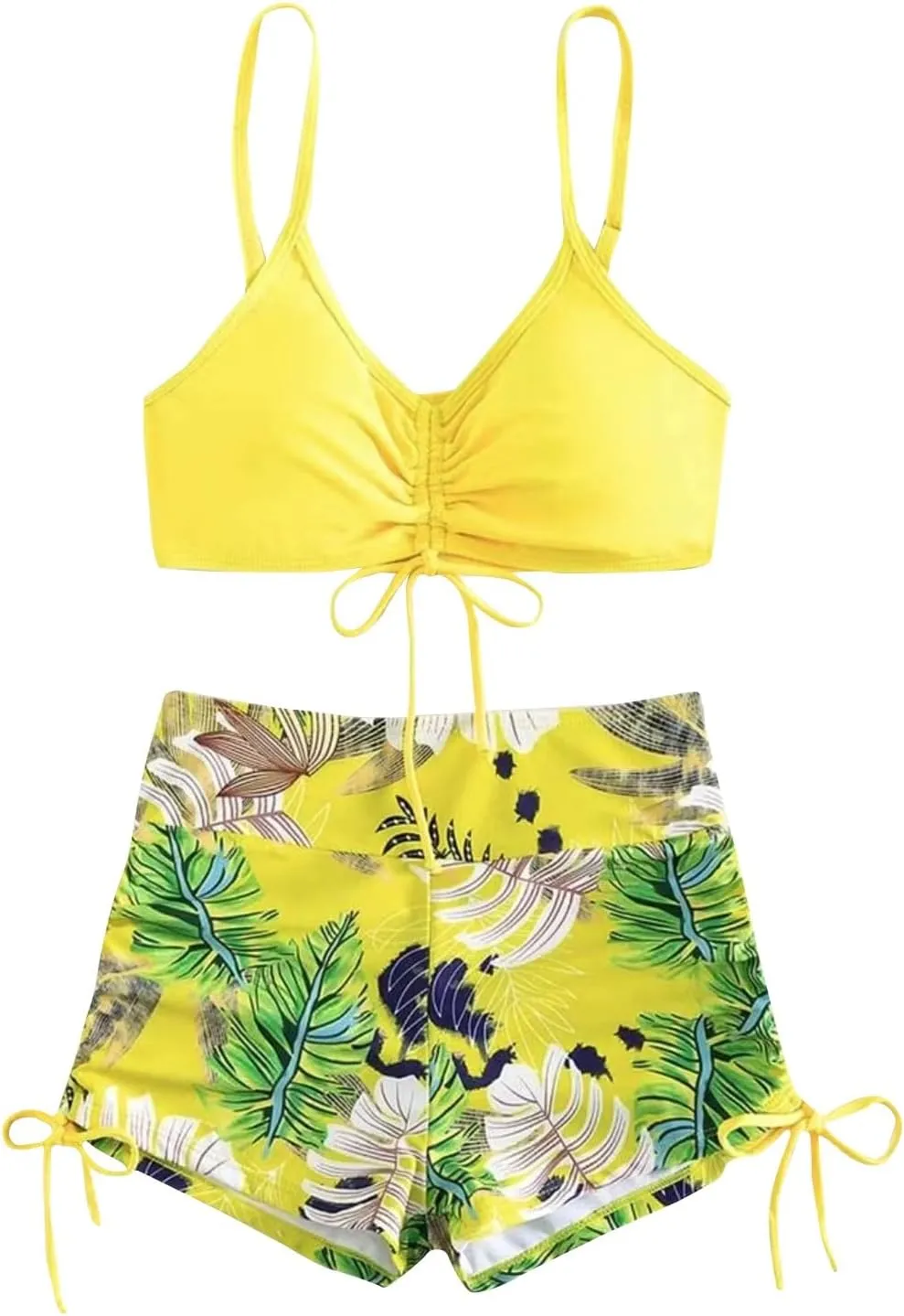 Women's Bikini Sets Spaghetti Straps Top Swimsuits High Waisted Drawstring Boyshorts Two Pieces Bathing Suits