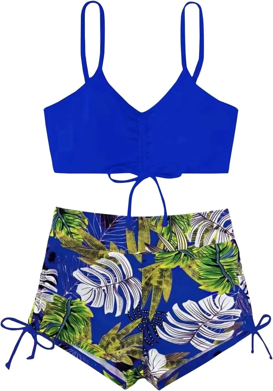 Women's Bikini Sets Spaghetti Straps Top Swimsuits High Waisted Drawstring Boyshorts Two Pieces Bathing Suits
