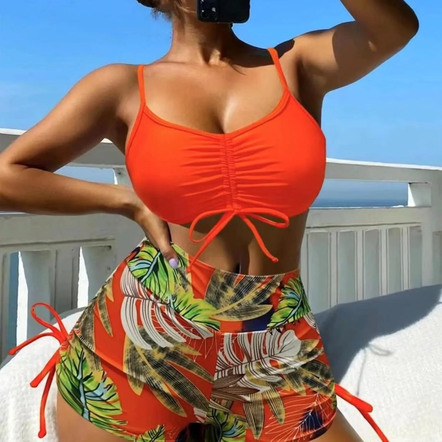 Women's Bikini Sets Spaghetti Straps Top Swimsuits High Waisted Drawstring Boyshorts Two Pieces Bathing Suits
