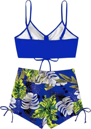 Women's Bikini Sets Spaghetti Straps Top Swimsuits High Waisted Drawstring Boyshorts Two Pieces Bathing Suits