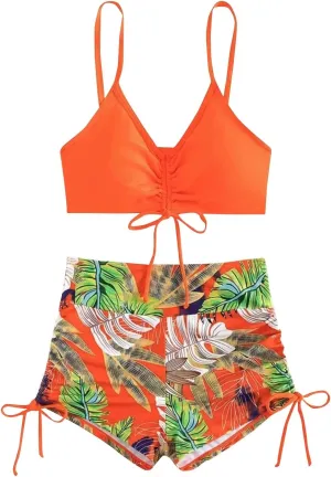 Women's Bikini Sets Spaghetti Straps Top Swimsuits High Waisted Drawstring Boyshorts Two Pieces Bathing Suits