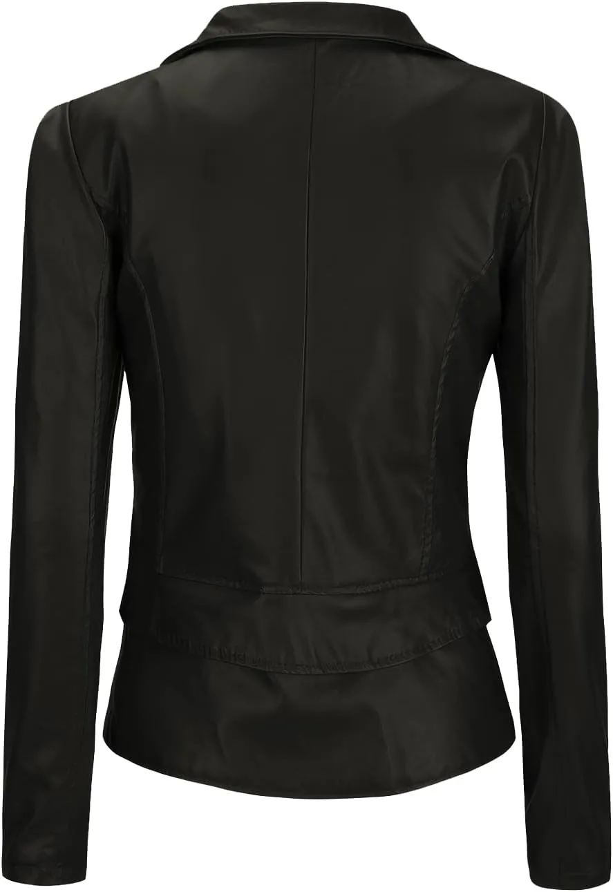 Women's Black Genuine Sheepskin Caf Racer Asymmetric Retro Moto Biker Short Leather Jacket Slim Fit Motorcycle Zipper Coat